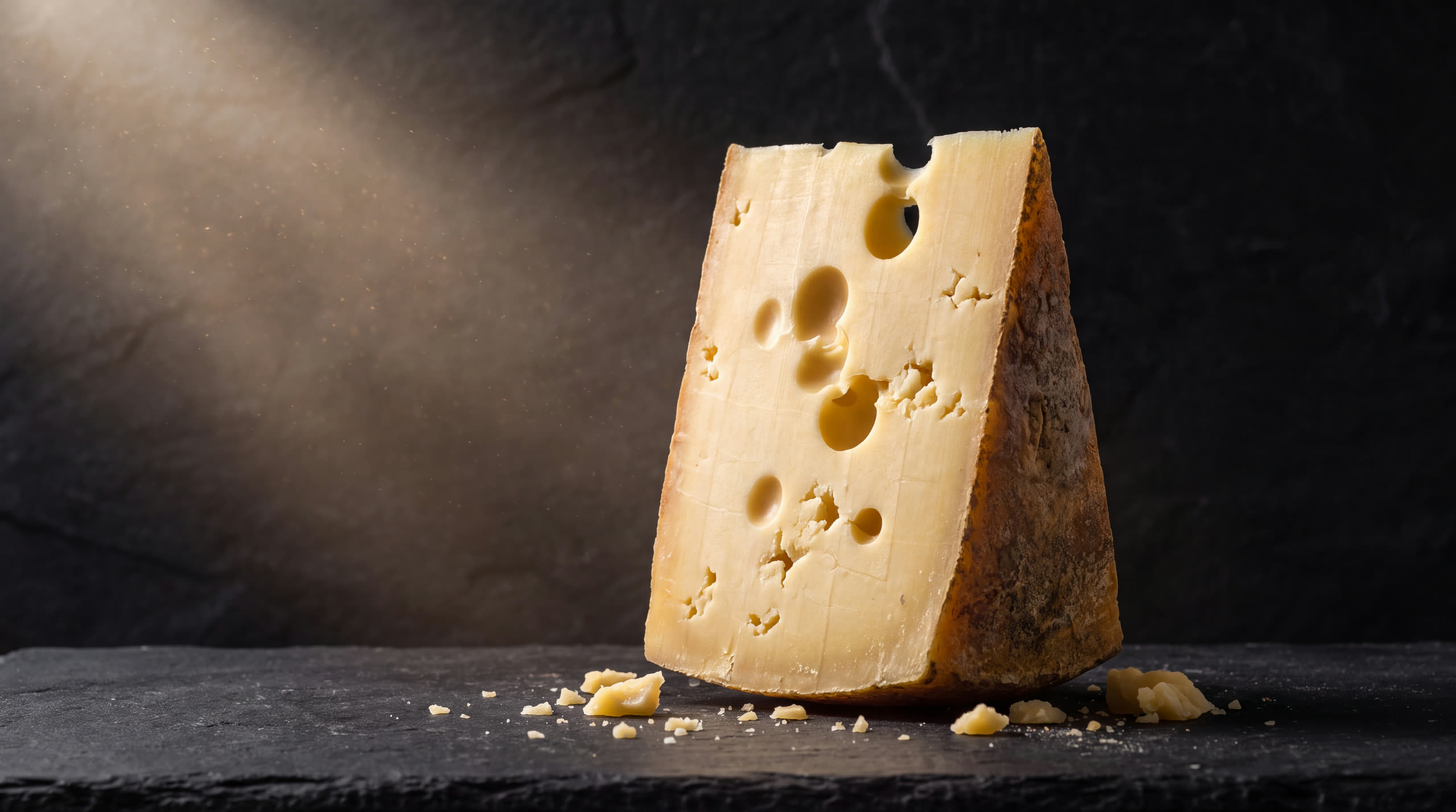 A wedge of cheese, lit like it matters.